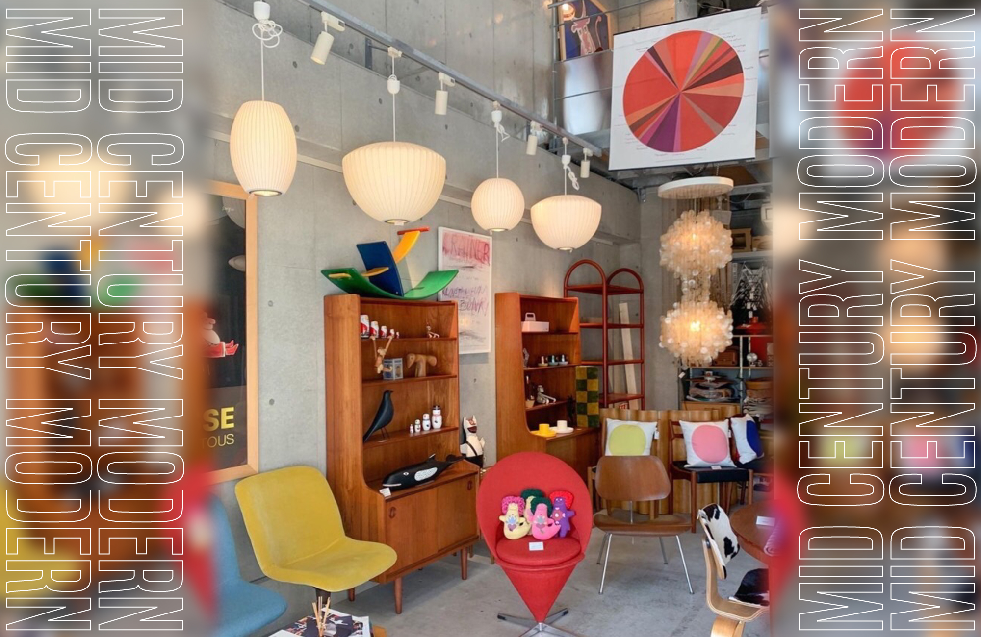 日本屈指のイームズのシェルチェアの品揃えを始めジョージ・ネルソンやエーロ・サーリネンなどインテリアの黄金期と言われる1940年～70年のミッドセンチュリー期に活躍したデザイナーの家具や小物を扱うMid-Century MODERN   @midcenturymoderntokyo 
今回は『58works』の民藝プロジェクトに合わせて日本の伝統的な陶器とのコラボレーションで新しいライフスタイルの展示をします。