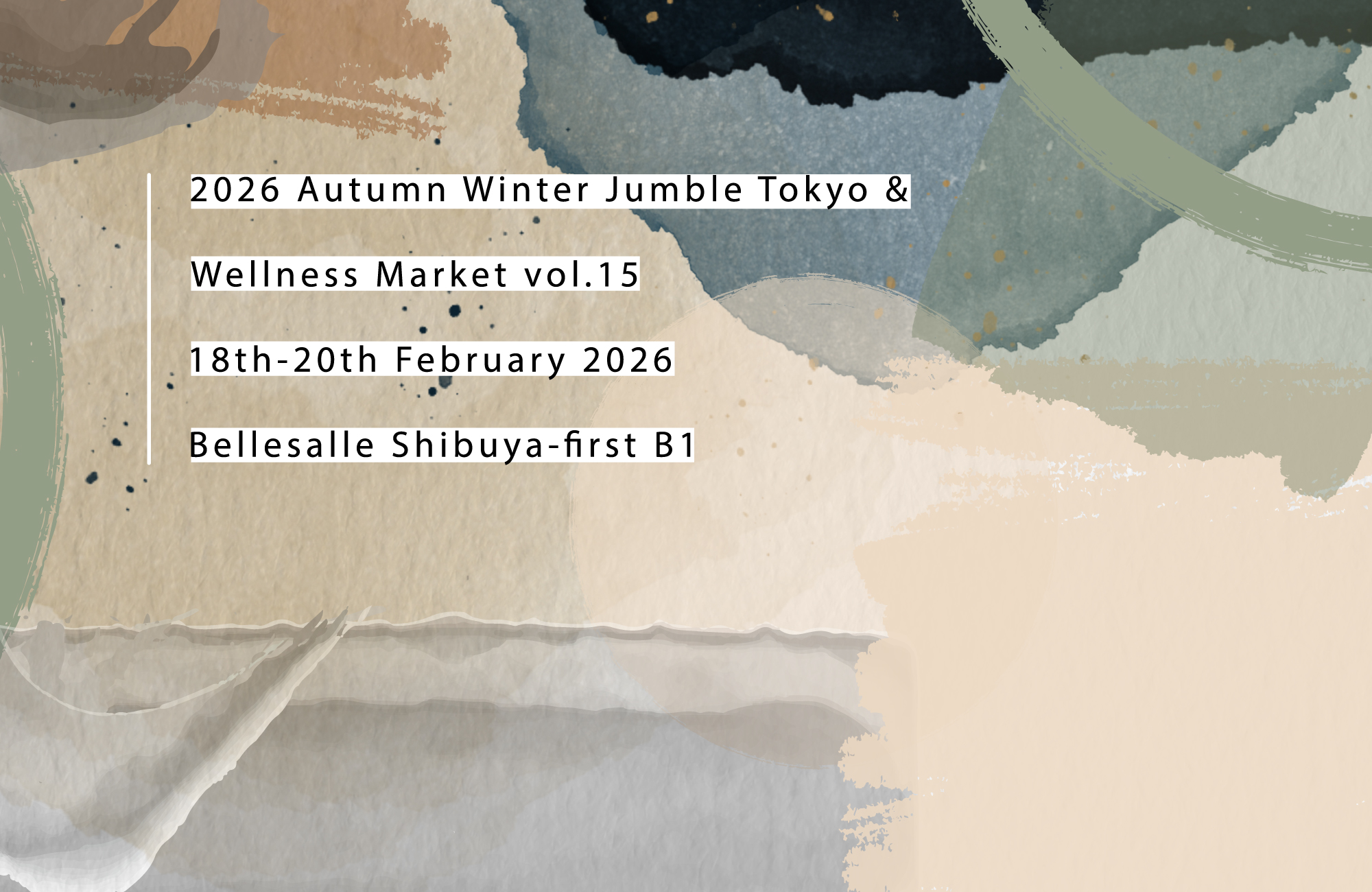 JUMBLE TOKYOのスタートは2005年秋 HOTEL CLASKA（目黒区）で始まり LAFORET MUSEUM HARAJUKU（原宿）, MODAPOLITICA（青山）, ベルサール原宿(外苑),そして2013年度より海外ブランドの出展に対応する為、会場をベルサール渋谷ファースト(渋谷)に移しました。 出展企業も90社を超え、約200ブランドの商品が並びます。